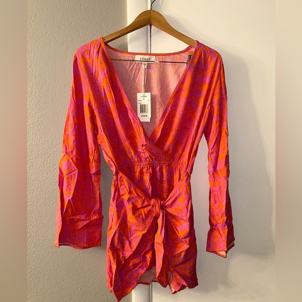 L Space Kristy Long Sleeve Faux-Wrap Cover-Up Dress Path to Paradise - Picture 3 of 11